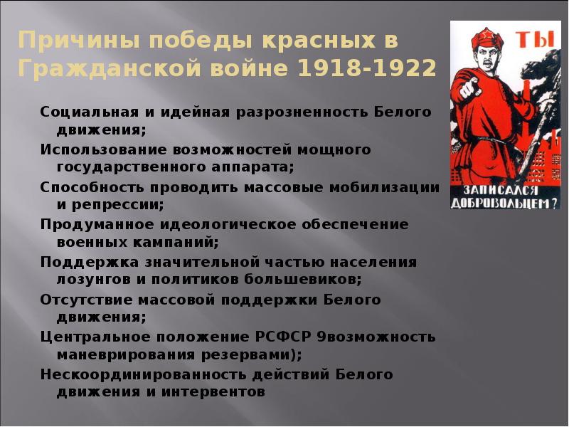 Причины победы красных в Гражданской войне 1918-1922
Социальная и идейная разрозненность Причины победы красных в Гражданской войне 1918-1922
Социальная и идейная разрозненность