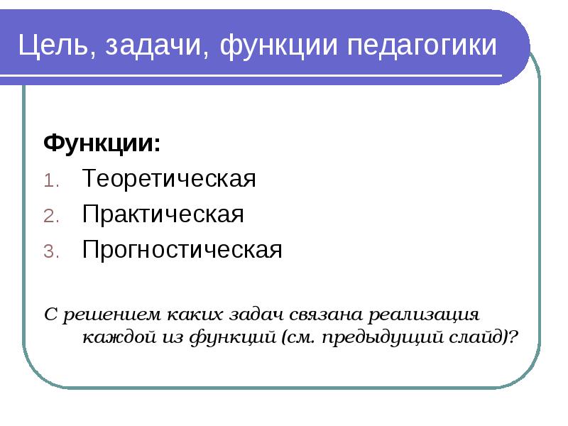 Функции теории обучения. Цели задачи функции педагогики. Задачи и функции. Прогностическая функция педагогики. Предыдущий слайд.