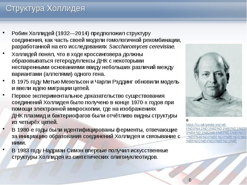 Структура Холлидея Робин Холлидей&nbsp;(1932—2014) предположил структуру соединения, как часть своей модели