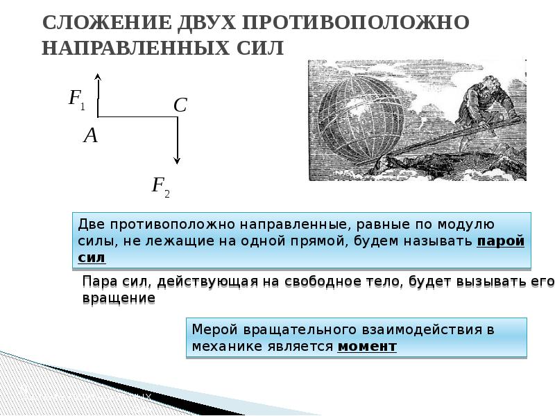 Противоположные моменты. Сложение двух параллельных сил (пара сил).. Система двух параллельных сил. Сложение системы параллельных сил. Противоположно направленные силы.