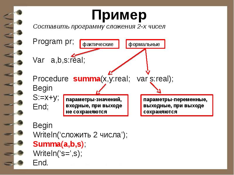 Формально фактический. Real примеры чисел. Подпрограммы 10 класс. Формальные и фактические параметры. Составить примеры.