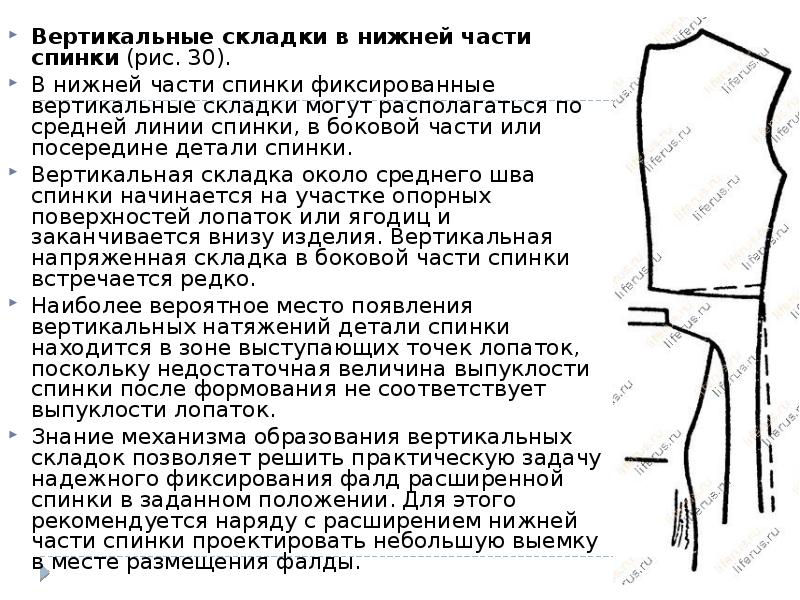 Вертикальные складки в нижней части спинки (рис. 30).
Вертикальные складки в нижней Вертикальные складки в нижней части спинки (рис. 30).
Вертикальные складки в нижней