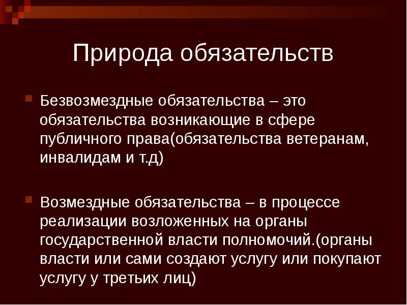 Природа обязательств Безвозмездные обязательства – это обязательства возникающие в сфере публичного