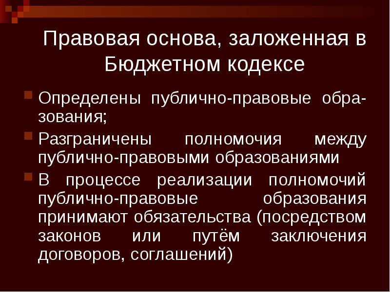 Правовая основа, заложенная в Бюджетном кодексе Определены публично-правовые обра-зования; Разграничены полномочия