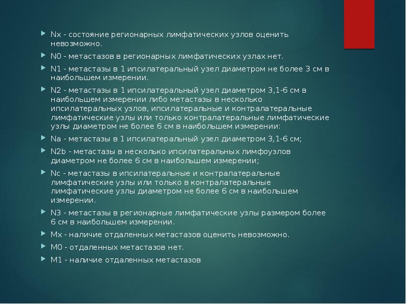 Nx - состояние регионарных лимфатических узлов оценить невозможно. Nx - состояние