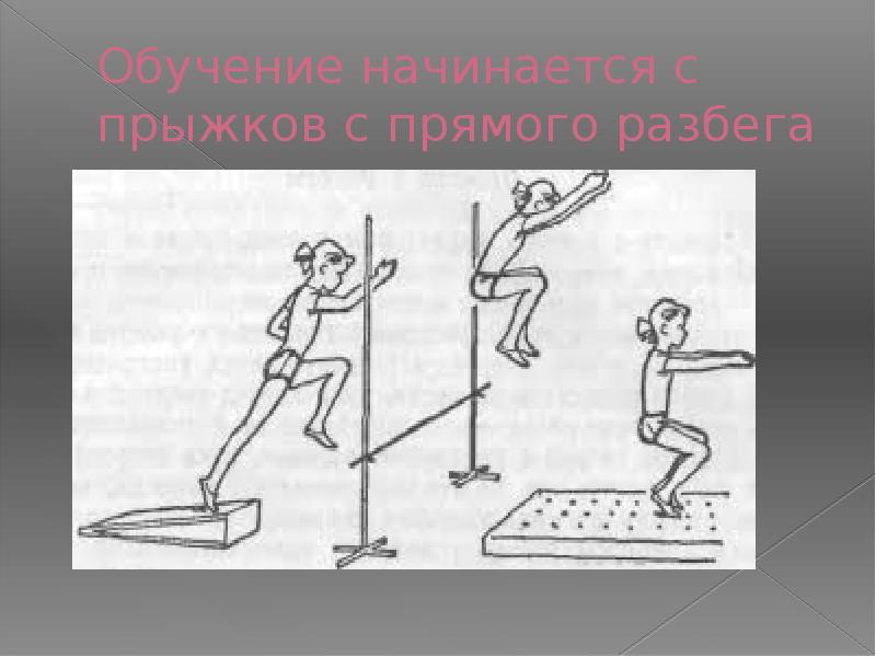 Обучение начинается с прыжков с прямого разбега Обучение начинается с прыжков с прямого разбега