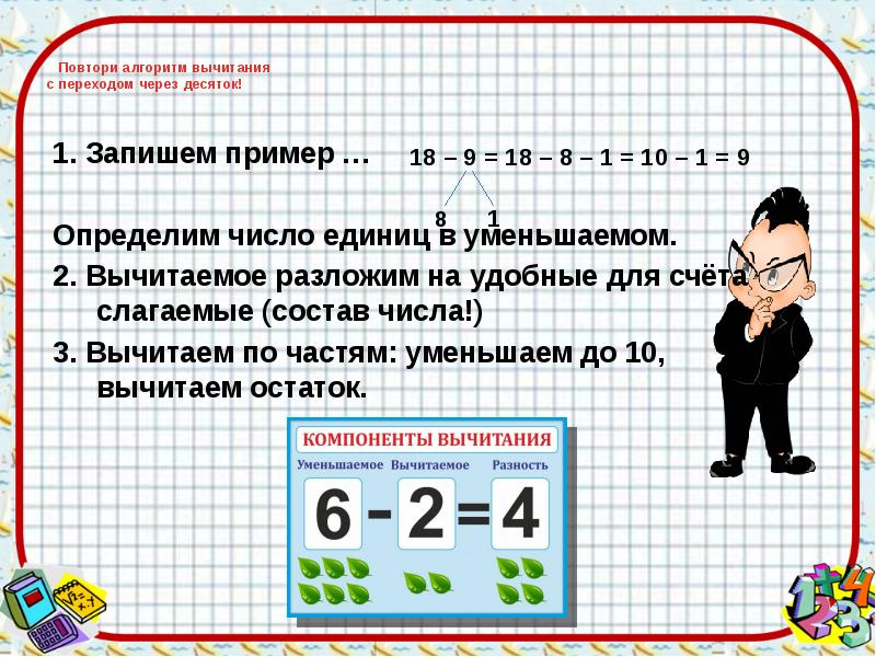 Разность числа 10. Алгоритм вычитания с переходом через десяток. Алгоритм вычитания через десяток. Алгоритм вычитания чисел с переходом через десяток. Сложение и вычитание с переходом через десяток.