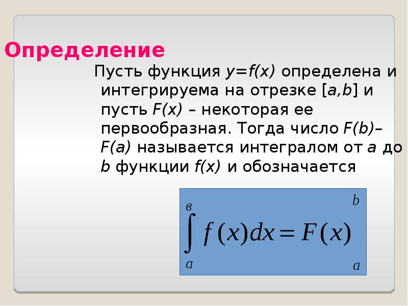 Определение  Пусть функция y=f(x) определена и интегрируема на отрезке [a,b]