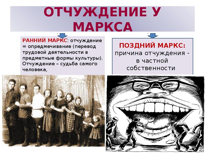 ОТЧУЖДЕНИЕ У МАРКСА
РАННИЙ МАРКС: отчуждение = опредмечивание (перевод трудовой деятельности ОТЧУЖДЕНИЕ У МАРКСА
РАННИЙ МАРКС: отчуждение = опредмечивание (перевод трудовой деятельности