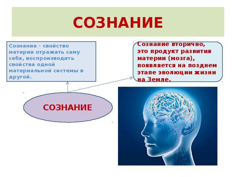 СОЗНАНИЕ
Сознание - свойство материи отражать саму себя, воспроизводить свойства одной СОЗНАНИЕ
Сознание - свойство материи отражать саму себя, воспроизводить свойства одной