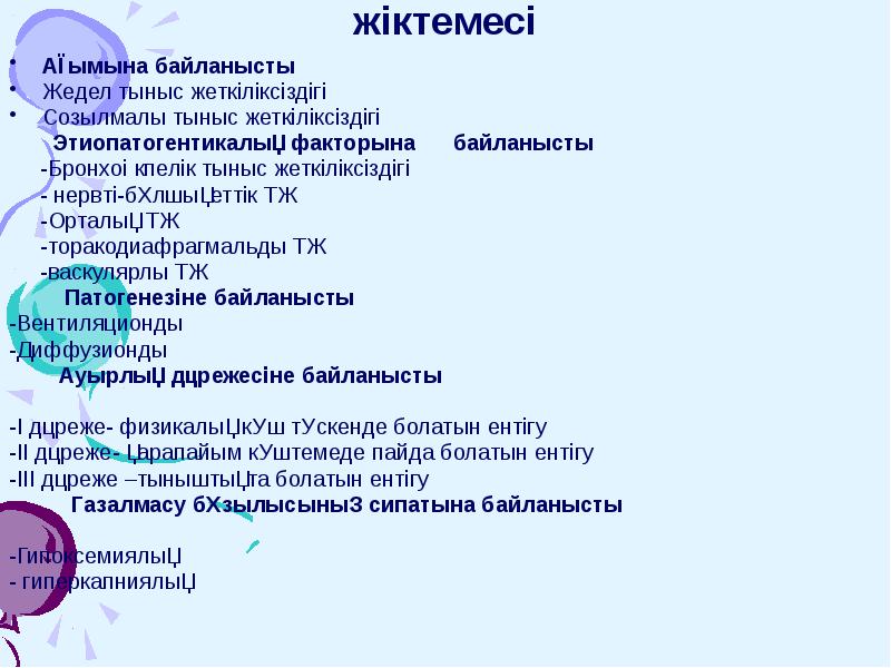 жіктемесі
Ағымына байланысты
Жедел тыныс жеткіліксіздігі
Созылмалы тыныс жеткіліксіздігі
жіктемесі
Ағымына байланысты
Жедел тыныс жеткіліксіздігі
Созылмалы тыныс жеткіліксіздігі