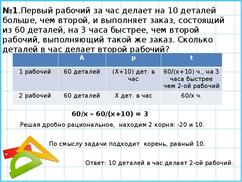 Сколько деталей делает второй рабочий. Первый рабочий за час делает на 10. Первый рабочий за час делает на 10 деталей больше. Первый рабочий за час делает на 10 деталей больше чем 2. Первый рабочий за час делает на 2 детали.