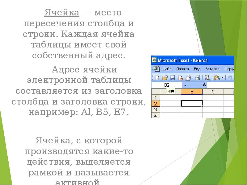 Каждая ячейка электронной таблицы имеет имя. Место пересечения строки и столбца. Место пересечения столбца и строки в электронной таблице. Ячейка таблицы. Как называется область на пересечении строки и столбца.