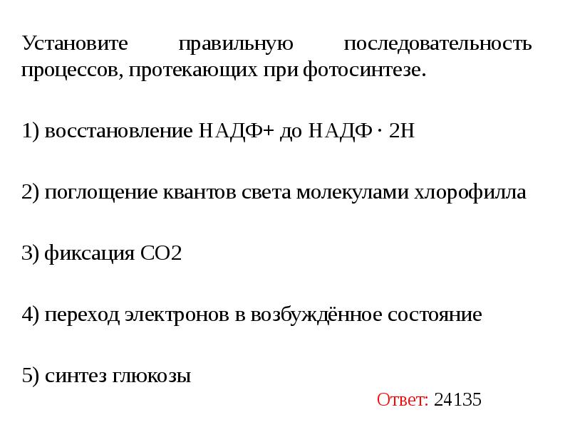 Установите последовательность процессов протекающих при фотосинтезе