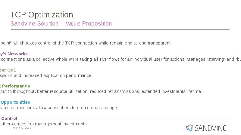 TCP Optimization
Sandvine Solution – Value Proposition TCP Optimization
Sandvine Solution – Value Proposition