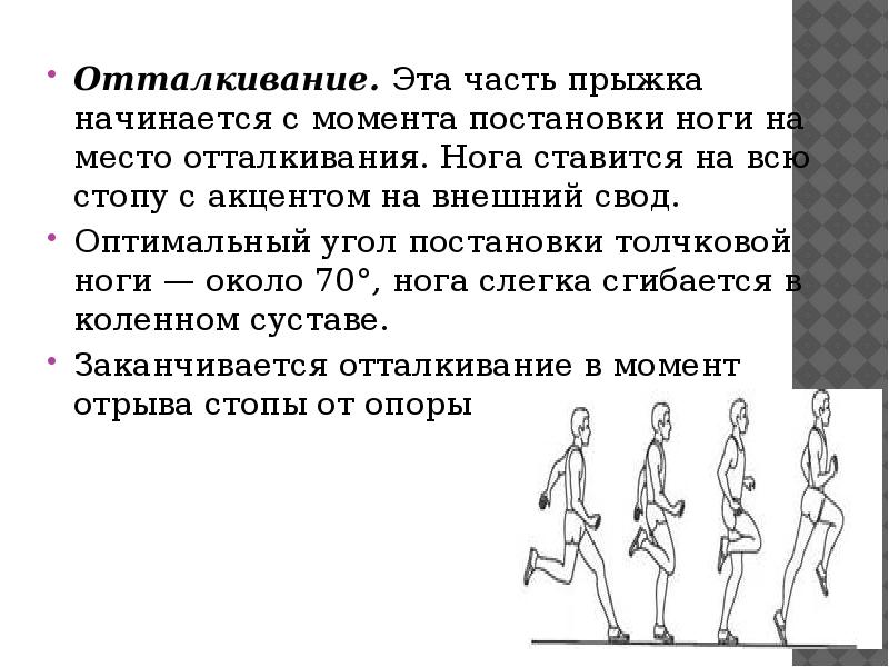 Отталкивание. Эта часть прыжка начинается с момента постановки ноги на место Отталкивание. Эта часть прыжка начинается с момента постановки ноги на место