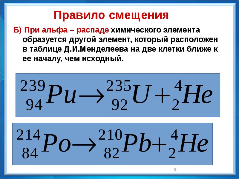 Б) При альфа – распаде химического элемента образуется другой элемент, который Б) При альфа – распаде химического элемента образуется другой элемент, который