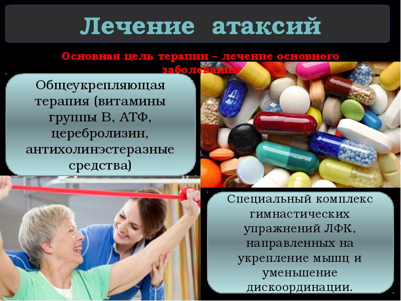 Лечение атаксий Основная цель терапии – лечение основного заболевания