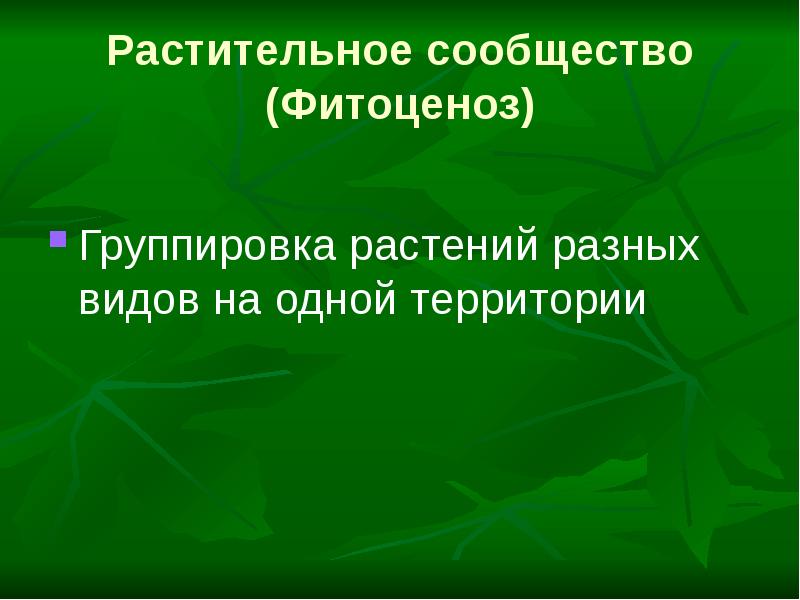Растительное сообщество (Фитоценоз)
Группировка растений разных видов на одной территории Растительное сообщество (Фитоценоз)
Группировка растений разных видов на одной территории