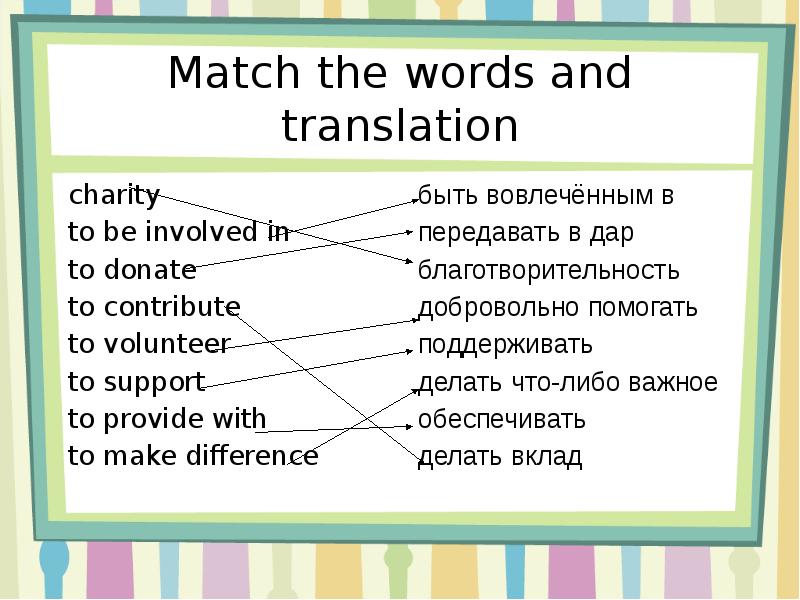 Match the words 1 8. Charity перевод. Презентация на тему благотворительность английский язык. Что я делаю для благотворительности английский. Презентацию по английском благотворительность.