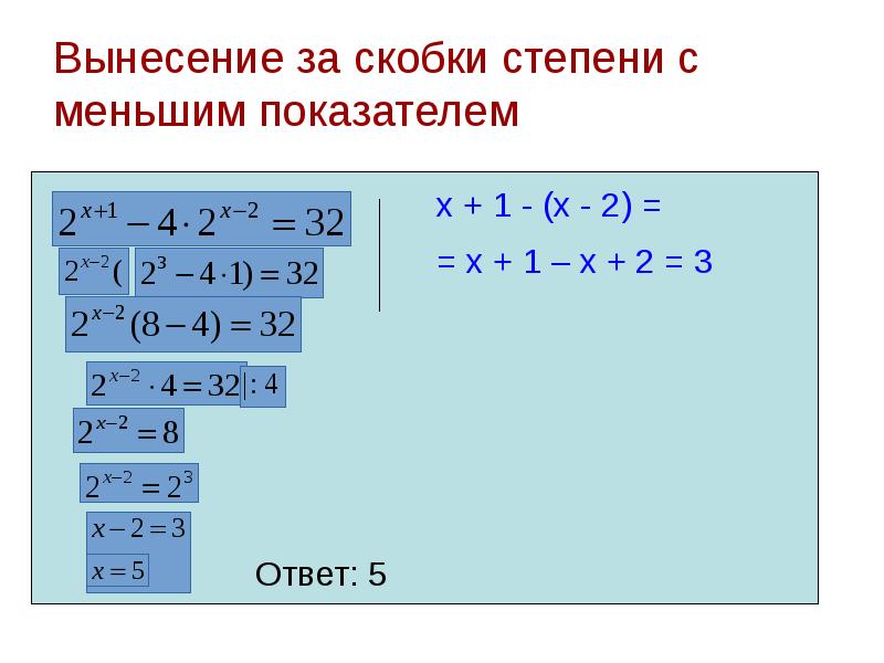 Решить в скобках. Вынесение степени за скобку. Степень скобки. Степени в скобках. Выносим за скобки степень с наименьшим показателем.