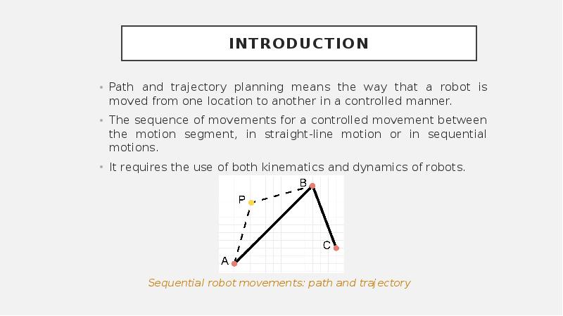 Introduction
Path and trajectory planning means the way that a robot Introduction
Path and trajectory planning means the way that a robot