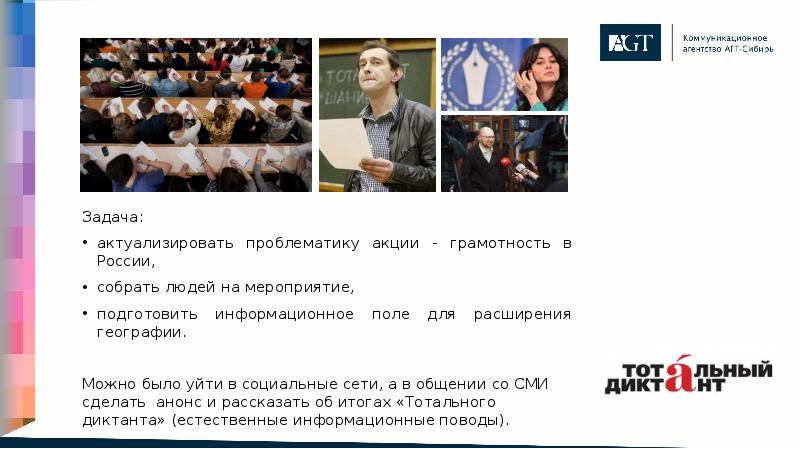 Задача: Задача: актуализировать проблематику акции - грамотность в России, собрать людей