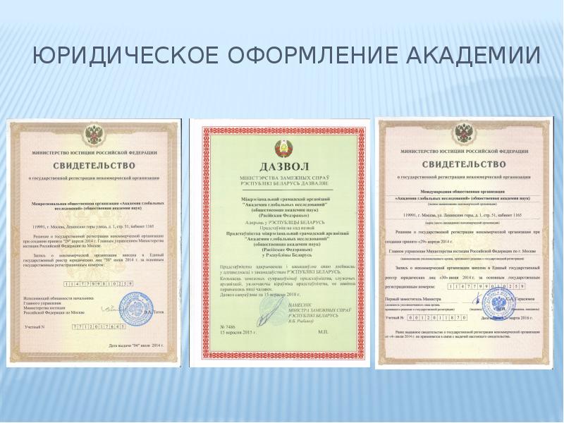 Юридическое оформление академии