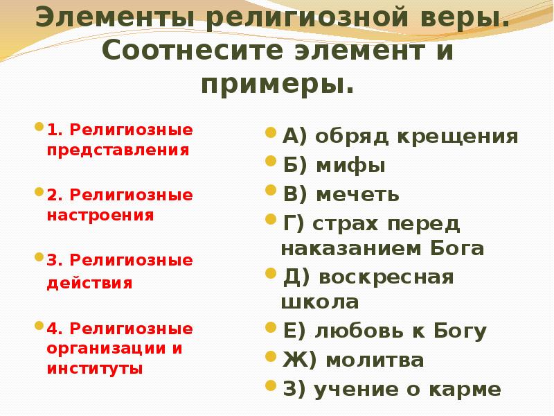 Соотнесите элементы. Элементы религиозной веры. Религиозные настроения. Религиозные представления примеры.