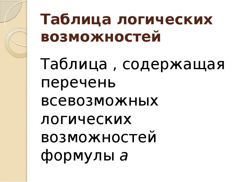 Таблица возможностей