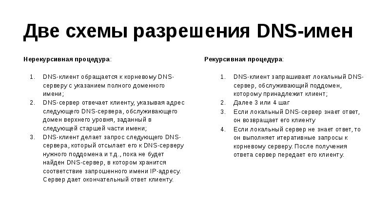 Разрешение имен. Схемы разрешения DNS-имен. Разрешение имен DNS. Две основные схемы разрешения DNS-имен:. Рекурсивная схема разрешения DNS-имен.