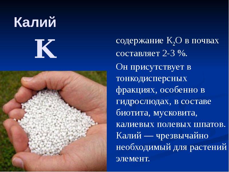 Калий  содержание К2О в почвах составляет 2-3 %.  Он