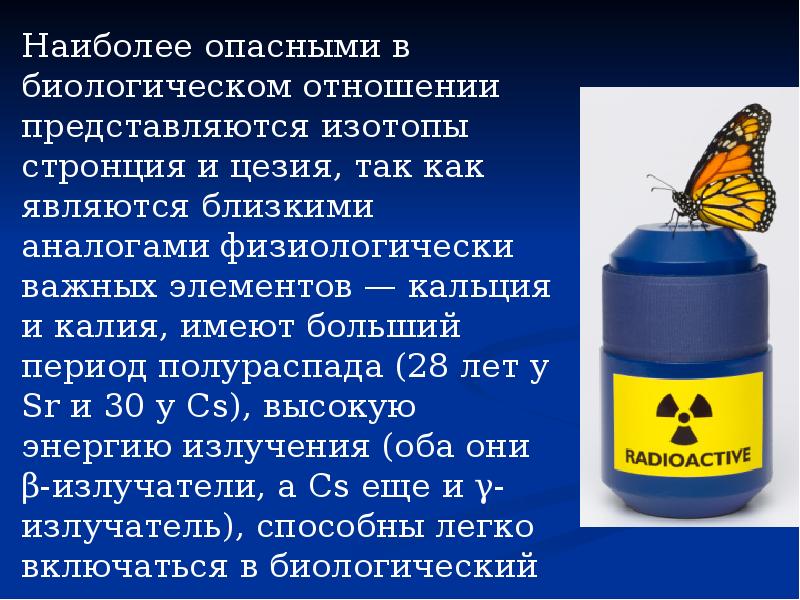 Наиболее опасными в биологическом отношении представляются изотопы стронция и цезия, так