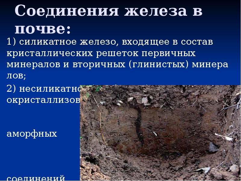 Соединения железа в почве: 1) силикатное железо, входящее в состав кристаллических