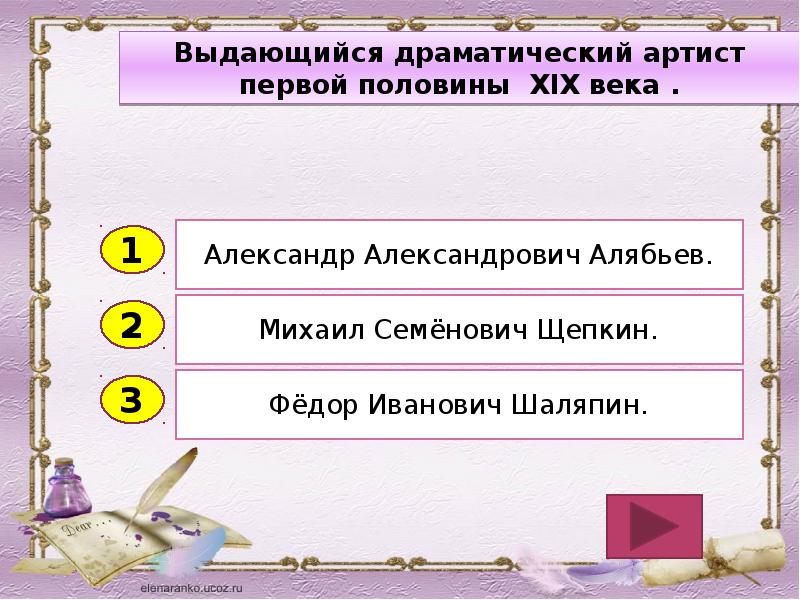 Тест по культуре 19 века 9 класс. Выдающийся драматический артист первой половины 19 века.