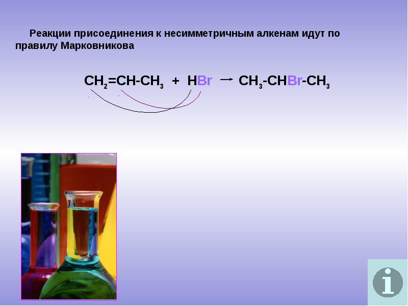 Реакция присоединения алкенов. Алкен сн2 = СН - СН – сн3. Несимметричные Алкены. Качественная реакция на Алкены. Горение алкенов общая формула.
