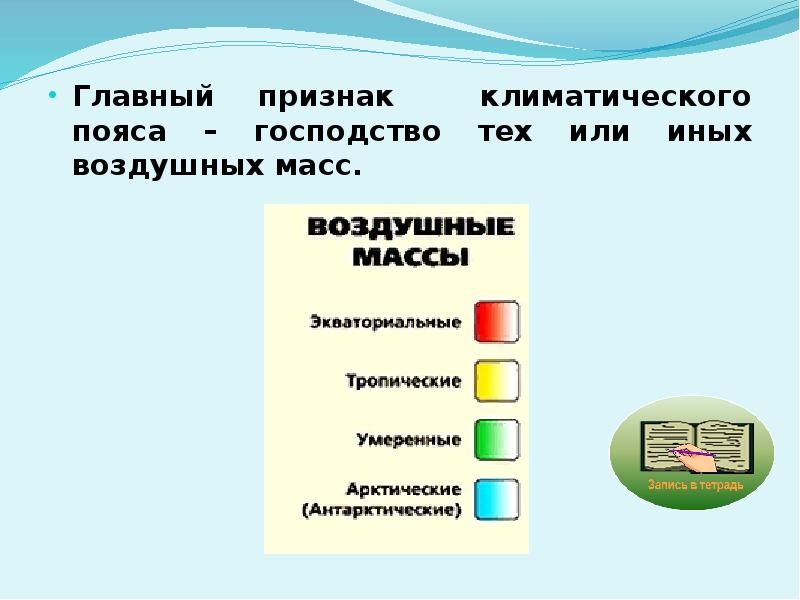 Типы климатов признаки. Основной признак климатического пояса. Главный признак климатического пояса это. Признаки воздушных масс. Воздушные массы и климатические пояса.