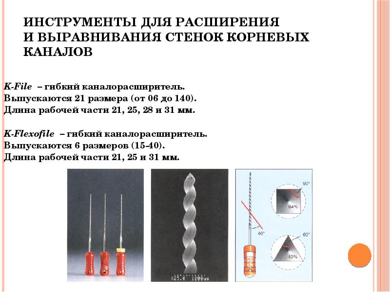 Инструменты для расширения и выравнивания стенок корневых каналов
K-File – гибкий Инструменты для расширения и выравнивания стенок корневых каналов
K-File – гибкий