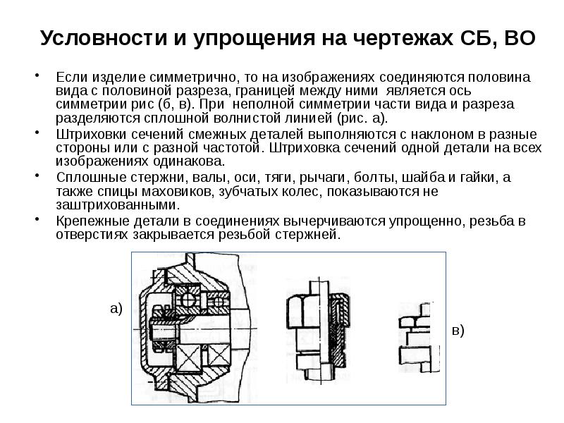 Соединение части вида с частью разреза условности и упрощения на изображениях