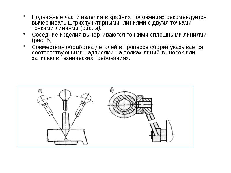 На сборочных чертежах движущиеся части изделия показывают в двух крайних положениях в рабочем