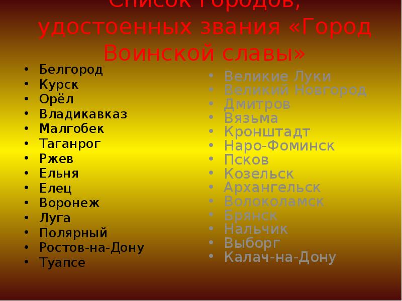 Какие города воинской. Города воинской славы России. Города воинской славы России список. Перечень городов воинской славы России. Города военной славы список.