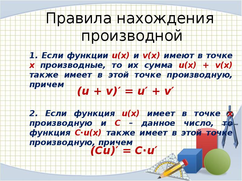 Правила производных. Правила нахождения производной. Правила нахожденияghjbpdjlyjq. Правило нахождения производных. Основные правила нахождения производной функции.