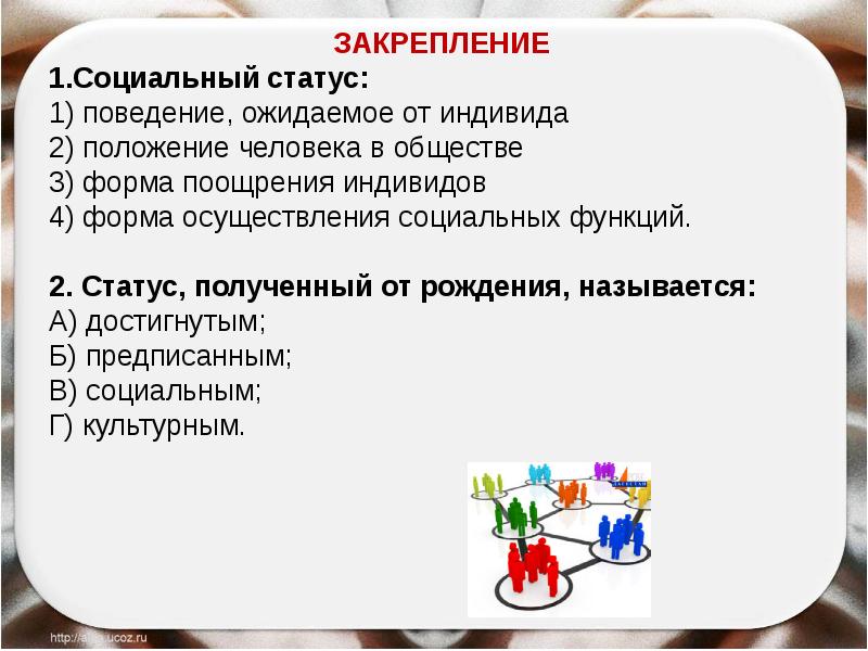 Установленные в обществе правила образцы поведения людей называются социальным статусом социальной