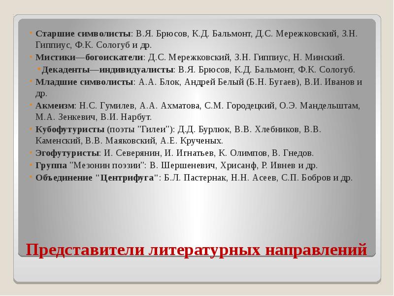 Представители литературных направлений Старшие символисты: В.Я. Брюсов, К.Д. Бальмонт, Д.С. Мережковский,
