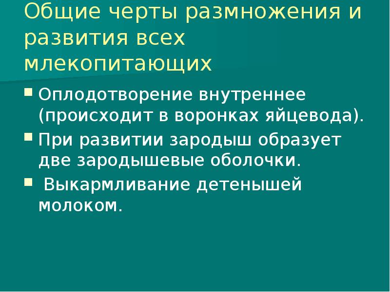 Общие черты размножения и развития всех млекопитающих
Оплодотворение внутреннее (происходит в Общие черты размножения и развития всех млекопитающих
Оплодотворение внутреннее (происходит в