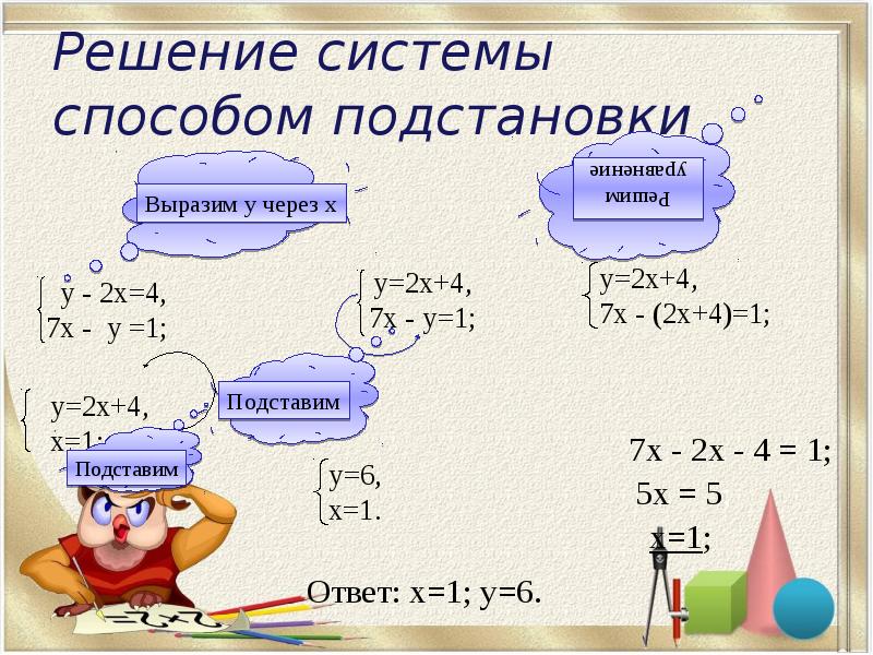 Решите уравнение способом. Решение систем методом подстановки. Решение систем уравнений методом подстановки 7 класс. Решение системы уравнений методом подстановки 7 класс Алгебра. Метод подстановки в системе уравнений 7 класс.