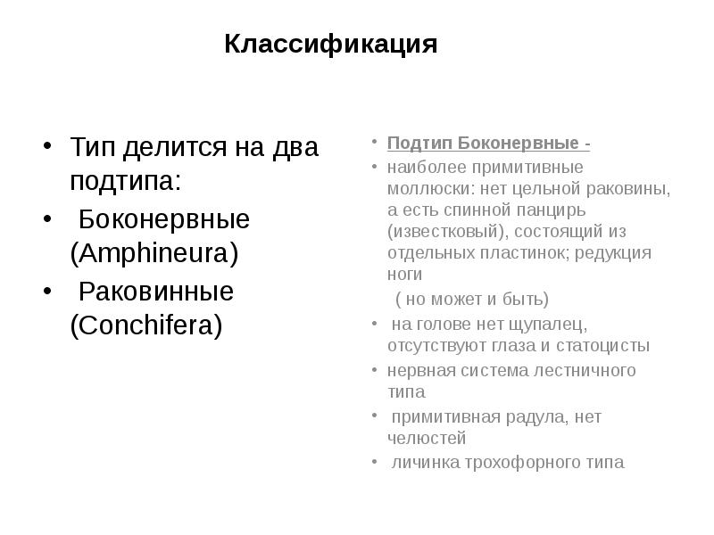 Классификация
Тип делится на два подтипа:
Боконервные (Amphineura)
Раковинные Классификация
Тип делится на два подтипа:
Боконервные (Amphineura)
Раковинные
