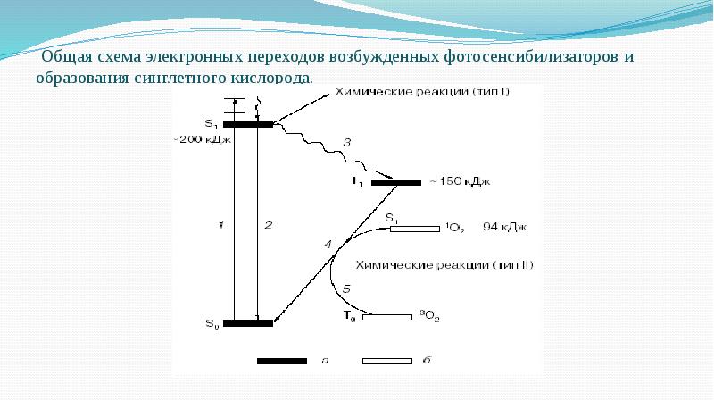 Общая схема электронных переходов возбужденных фотосенсибилизаторов и образования синглетного кислорода. Общая схема электронных переходов возбужденных фотосенсибилизаторов и образования синглетного кислорода.