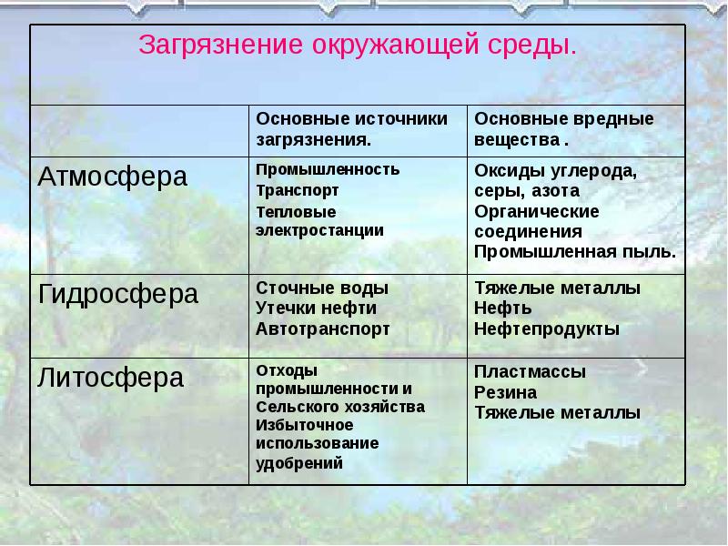 Виды загрязнений окружающей среды презентация