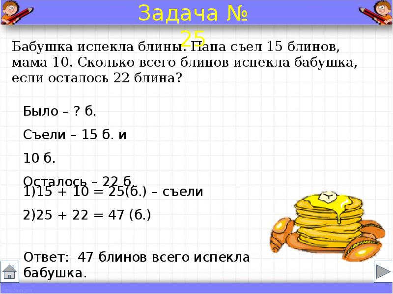 Сделай краткую запись к задаче заполни схематический рисунок и реши задачу бабушка испекла 9 оладий